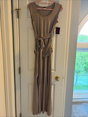 Wrapper Taupe Maxi Dress with Scoop Neck and bow